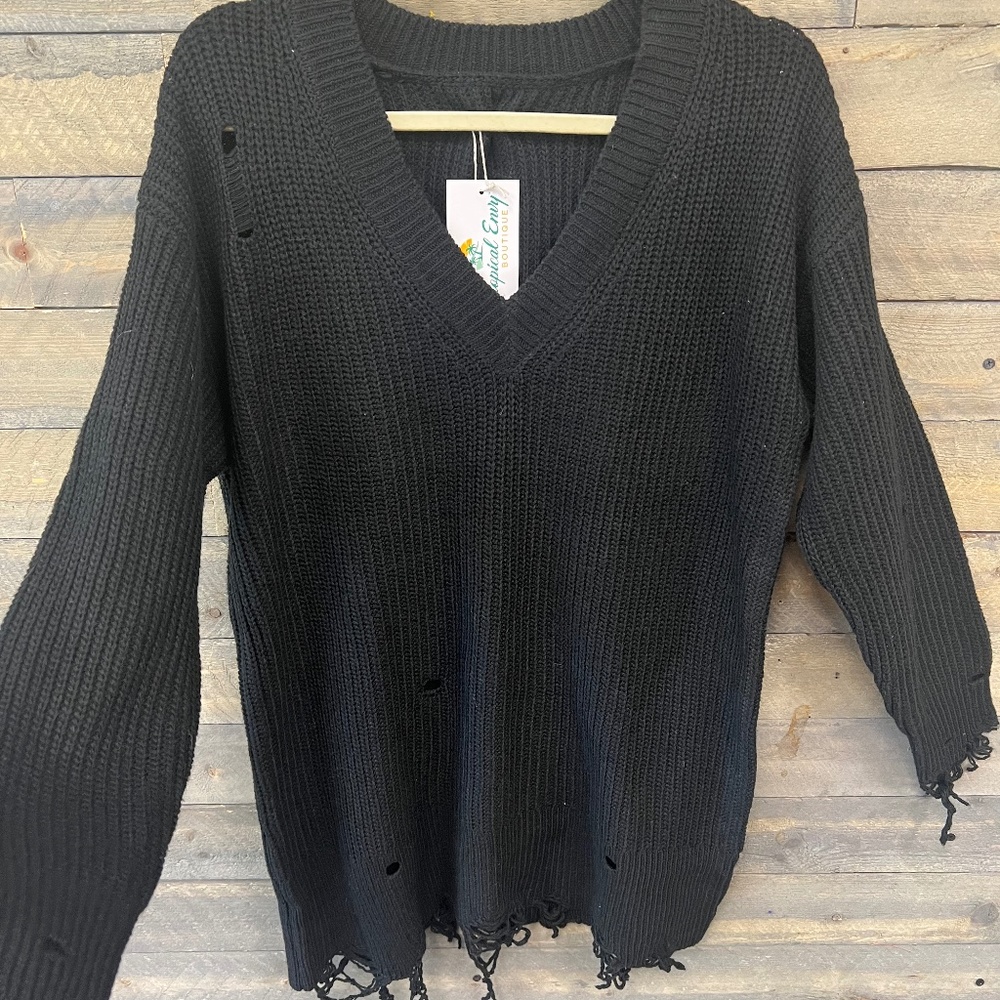 Distressed V-Neck Rib-Knit Sweater